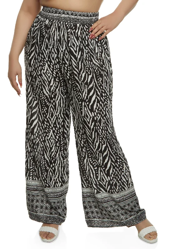 Plus Size Smocked Waist Printed Wide Leg Pants