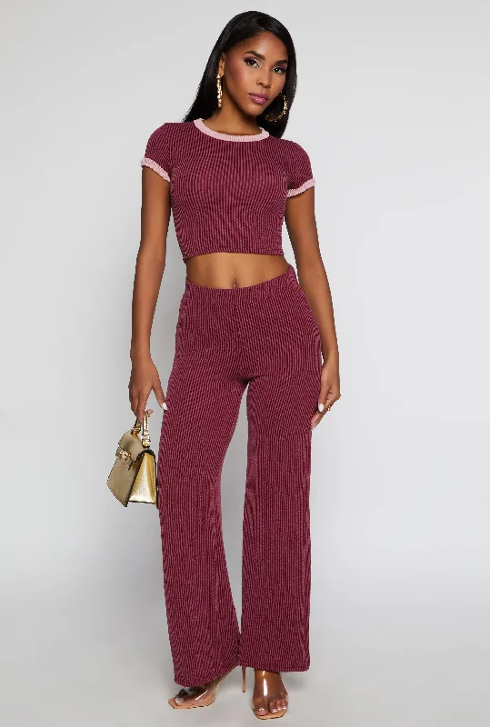 High Waist Ribbed Knit Wide Leg Pants