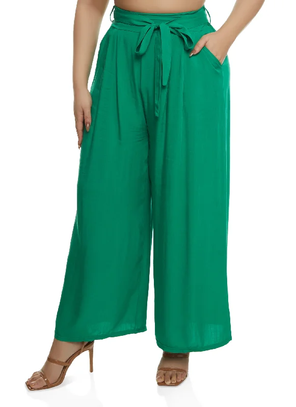 Plus Size High Waisted Tie Waist Wide Leg Pants