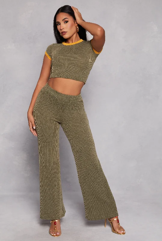 High Waist Ribbed Knit Wide Leg Pants