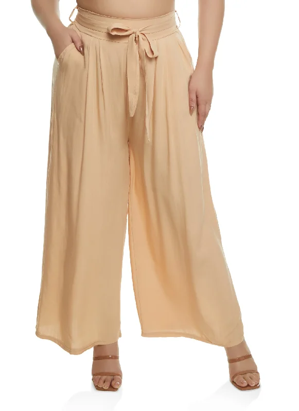 Plus Size High Waisted Tie Waist Wide Leg Pants