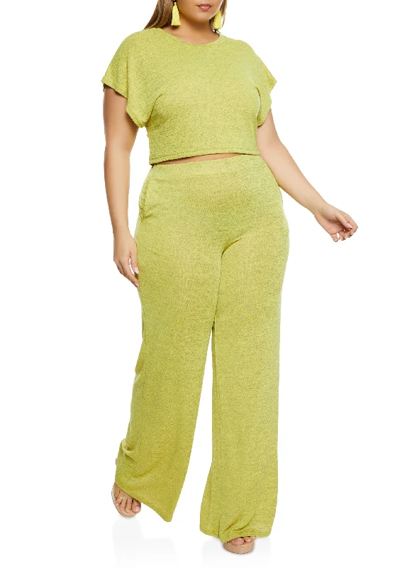 Plus Size Daisy Brushed Knit High Waist Wide Leg Pants