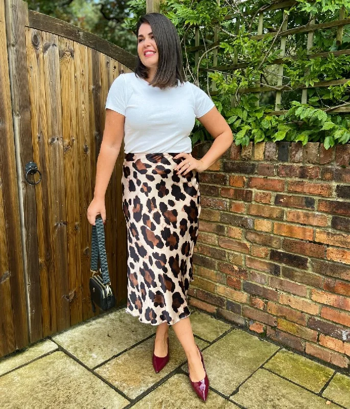 Abstract Leopard Print Satin Slip Midi Skirt