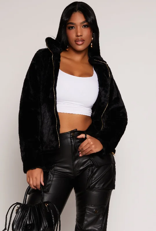 Mock Neck Faux Fur Jacket