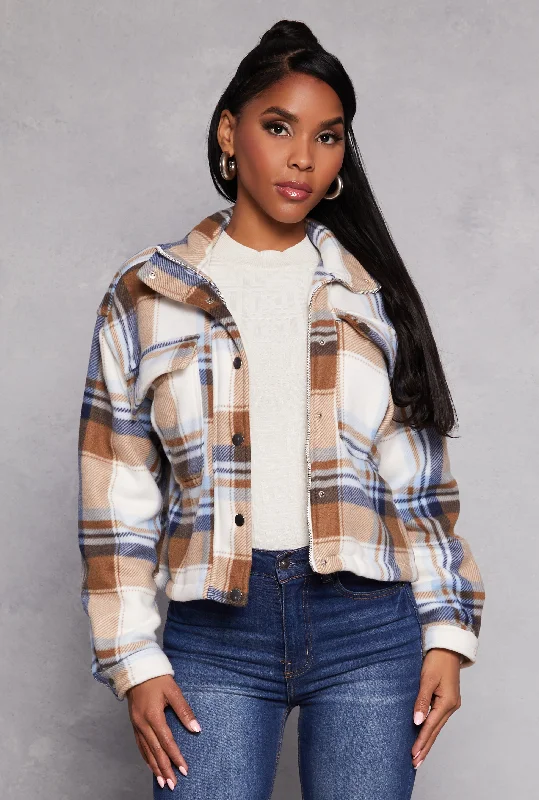 Plaid Snap Button Zip Front Shacket