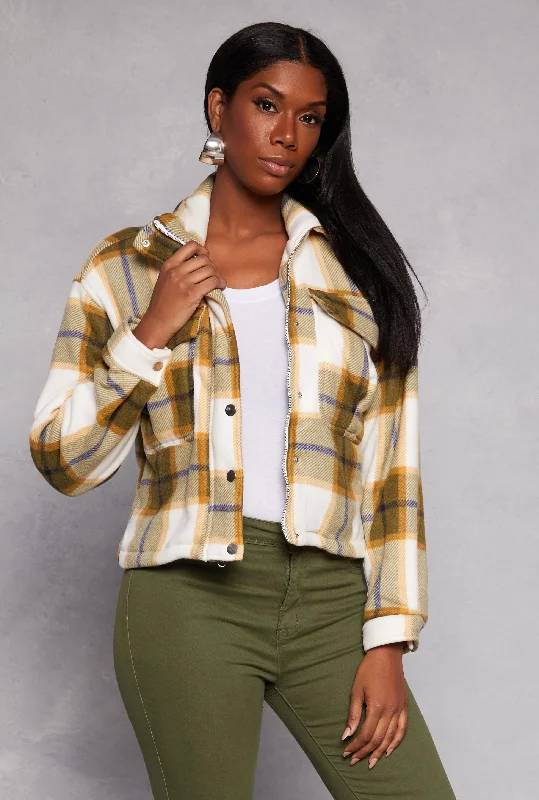 Plaid Snap Button Zip Front Shacket