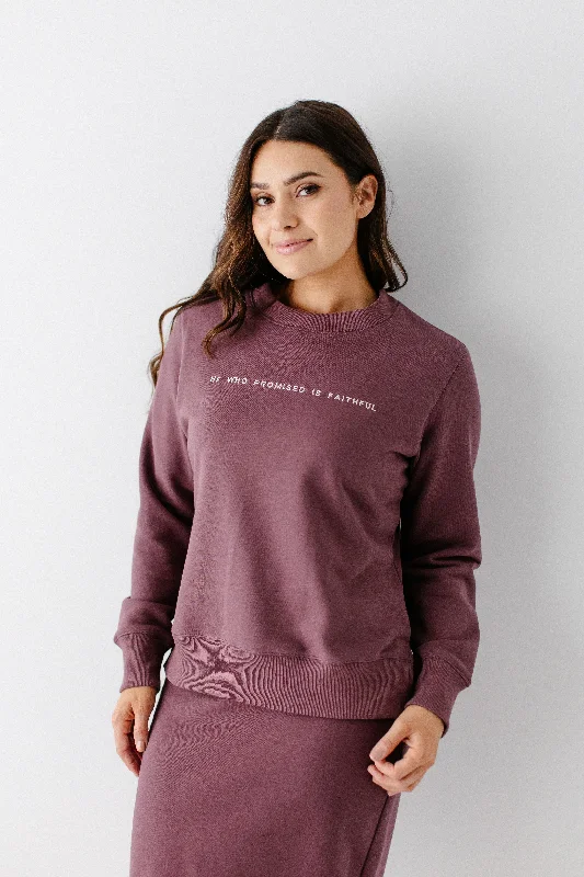 'He Who Promised' Embroidered Pullover in Dusty Plum