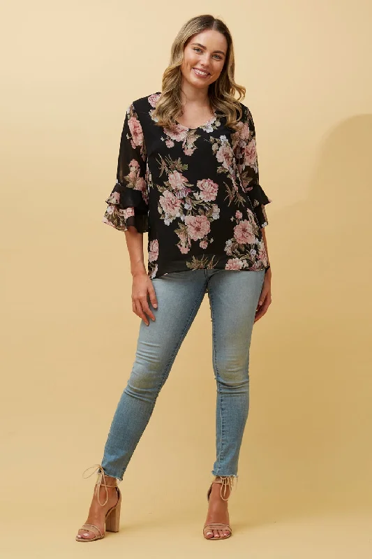 MALLORY FLORAL FLUTE SLEEVE BLOUSE