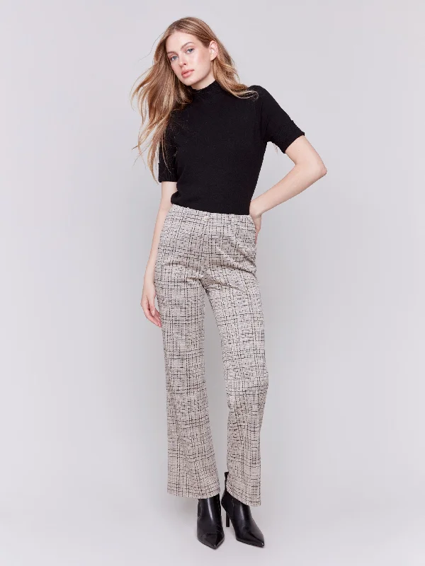 Plaid Ponte Pull-On Flare Pants - Almond