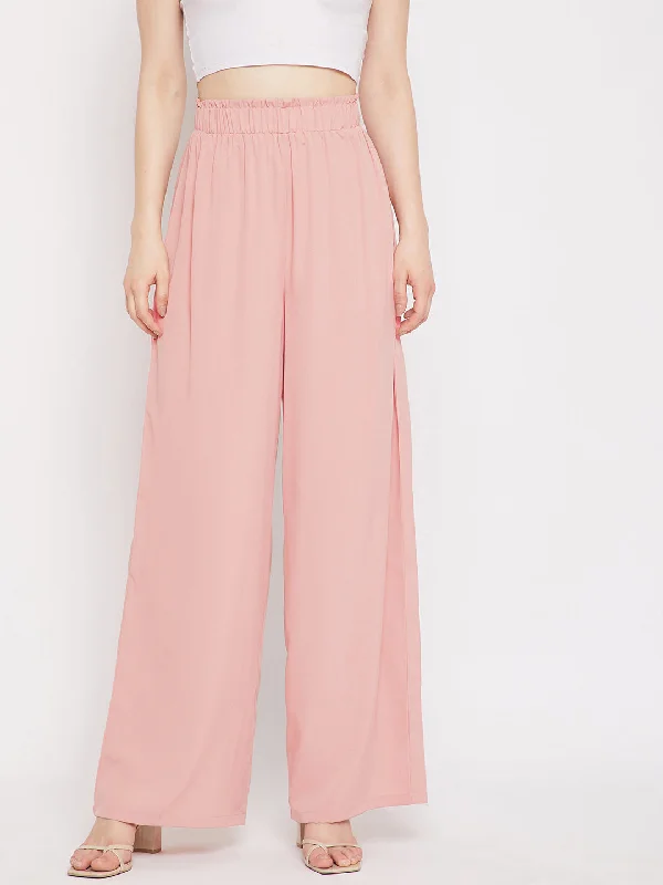 Berrylush Women Solid Pink Paperbag Waist High-Rise Wide Leg Pleated Pants