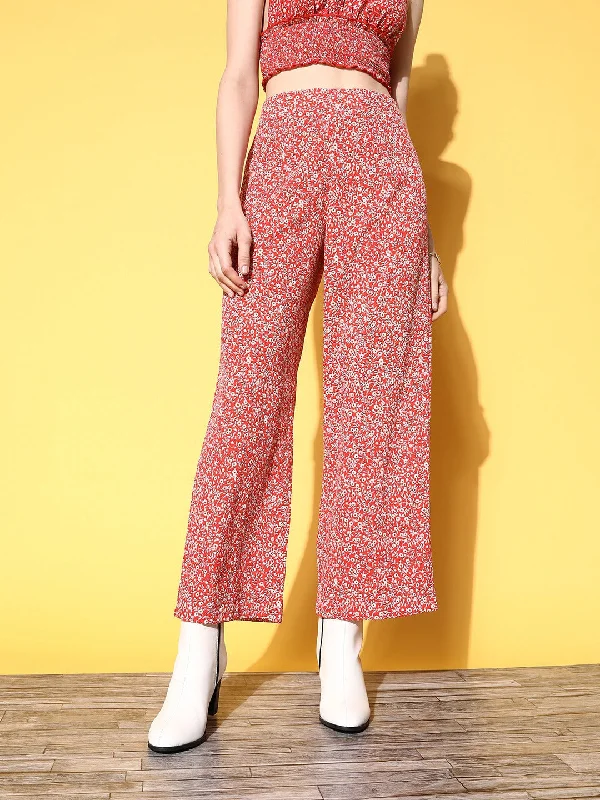 Berrylush Women Red & White Floral Printed Loose Fit High-Rise Waist Relaxed Trousers