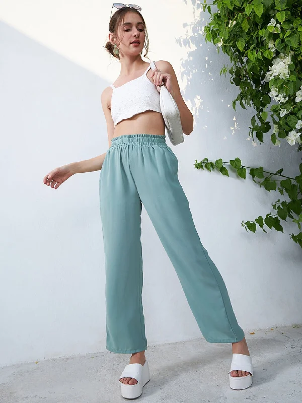 Berrylush Women Solid Green High-Rise Waist Loose-Fit Slip-On Straight Leg Regular Trousers