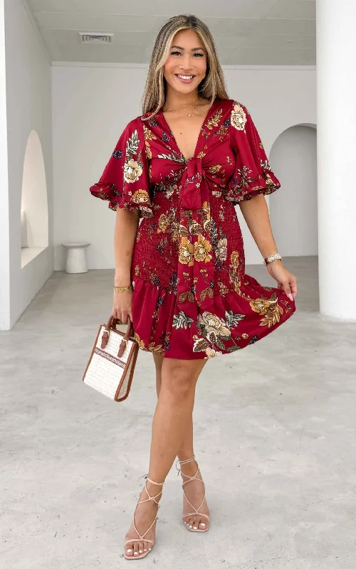 Amata Mini Dress - Wine Red Floral