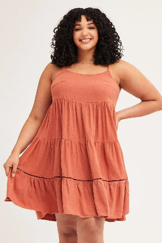 Brown Sleeveless Linen Blend Tiered Swing Dress