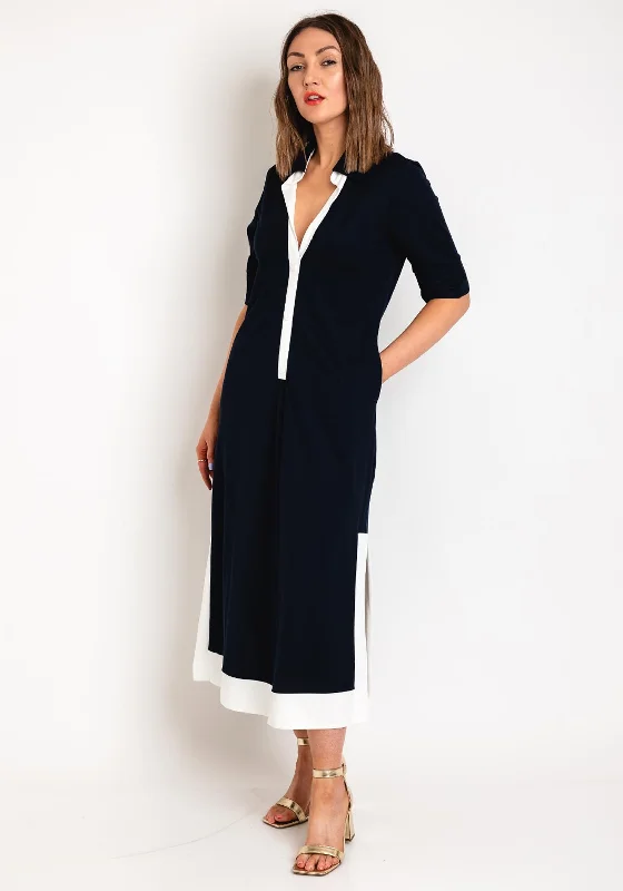 Naya Contrast Band Button Through Midi Dress, Navy & White