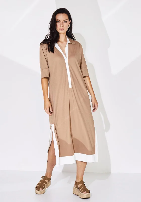 Naya Contrast Band Button Through Midi Dress, Camel & White