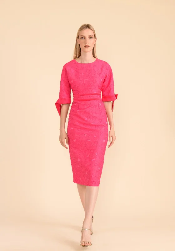 Caroline Kilkenny Aria Jacquard Ribbon Sleeve Midi Dress, Fuchsia