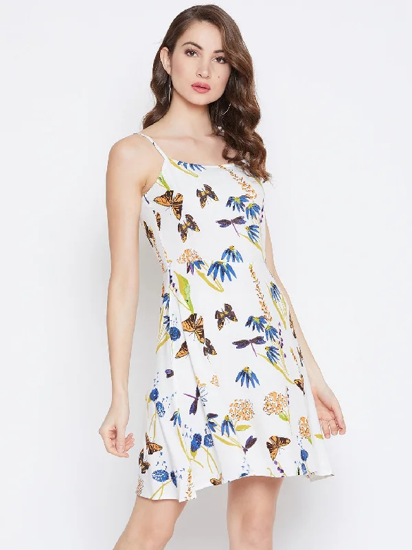 Berrylush Women White Floral & Butterfly Printed Square Neck Fit & Flare Mini Dress