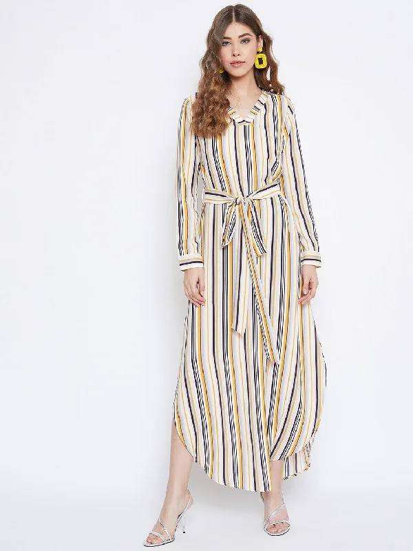 Berrylush Women Multicolour Striped Pattern V-Neck Waist Tie-Up Maxi Dress