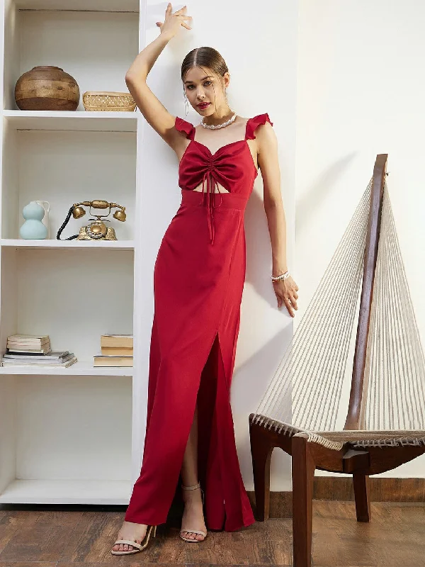 Berrylush Women Solid Red Sweetheart Neck Cut-Out Tie-Up Thigh-High Slit Straight Hem Maxi Dress