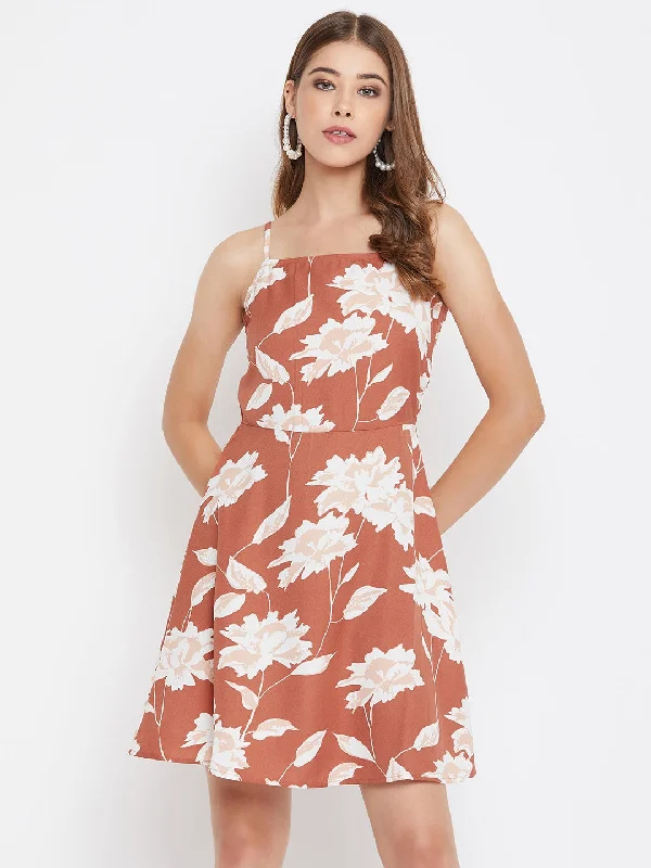 Berrylush Women Brown Floral Printed Square-Neck Pleated Fit & Flare Mini Dress