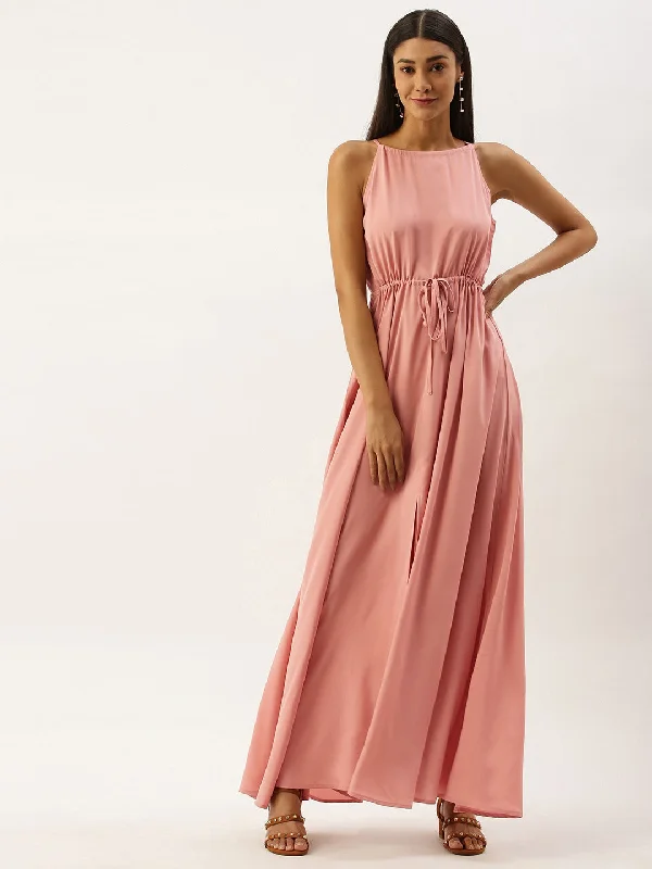 Berrylush Women Solid Pink Halter Neck Maxi Dress