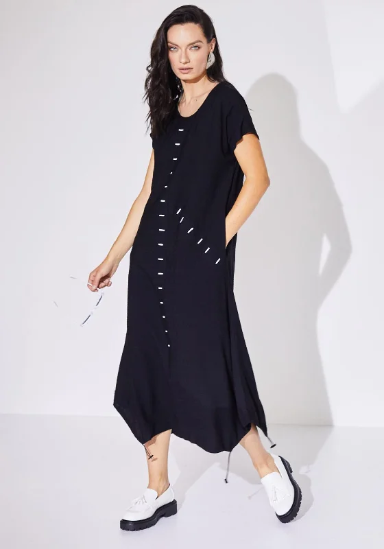 Naya Buttonhole Detail Drawstring Midi Dress, Black & White