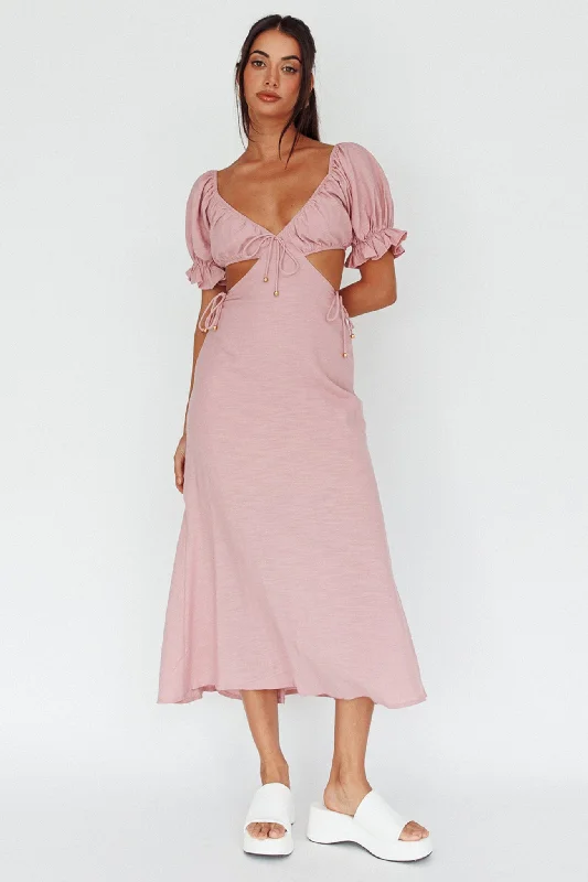 Fancy Free Puff Sleeve Midi Dress Blush