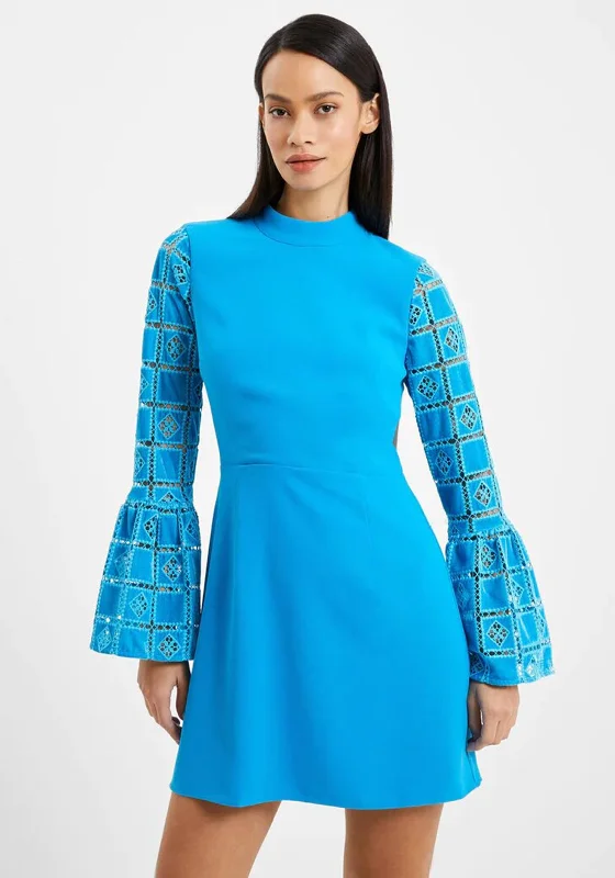 French Connection Garnet Velvet Lace Mini Dress, Blue Jewel