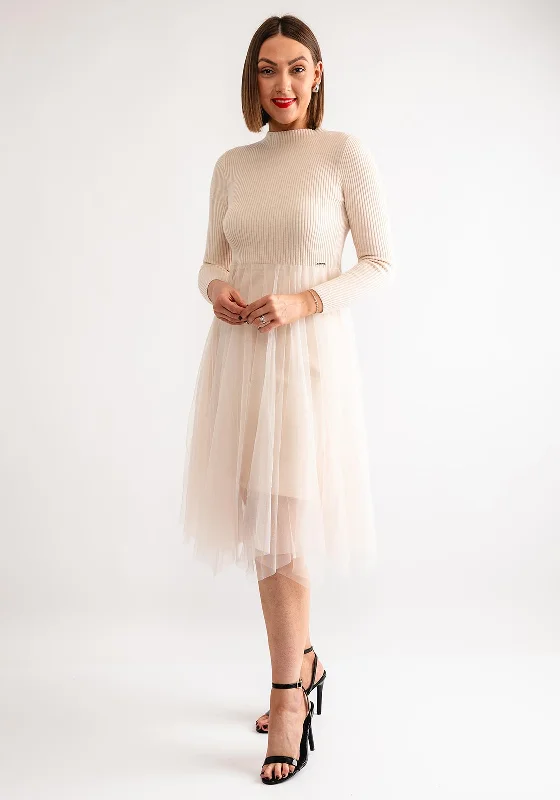 Goa Goa Knit Tulle Contrast Midi Dress, Cream