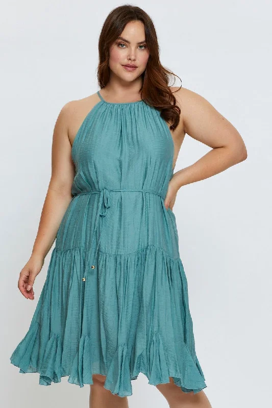 Green Skater Dress Halter Sleeveless Ruffle Hem