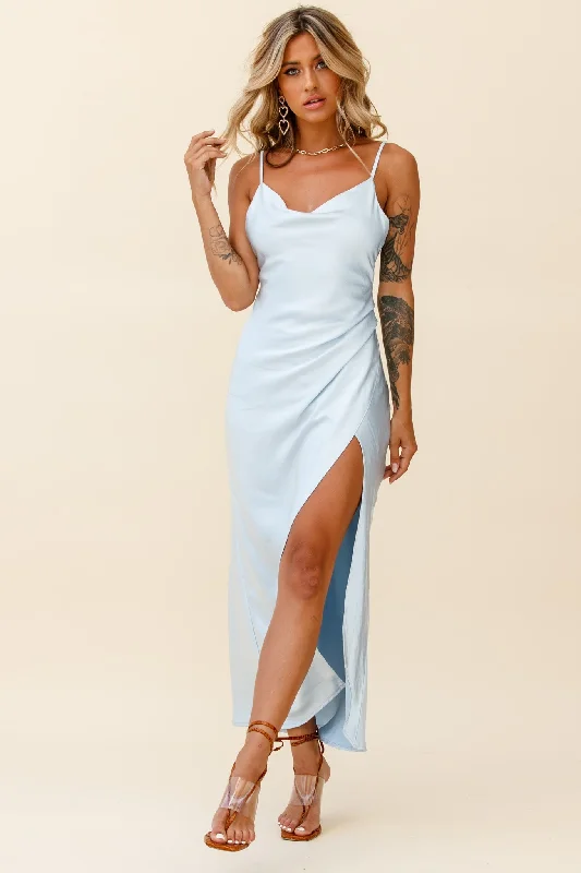 Hey Girl Long Satin Cowl Neck Dress Steel Blue