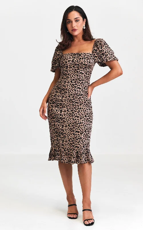 Jazel Midi Dress - Brown Leopard