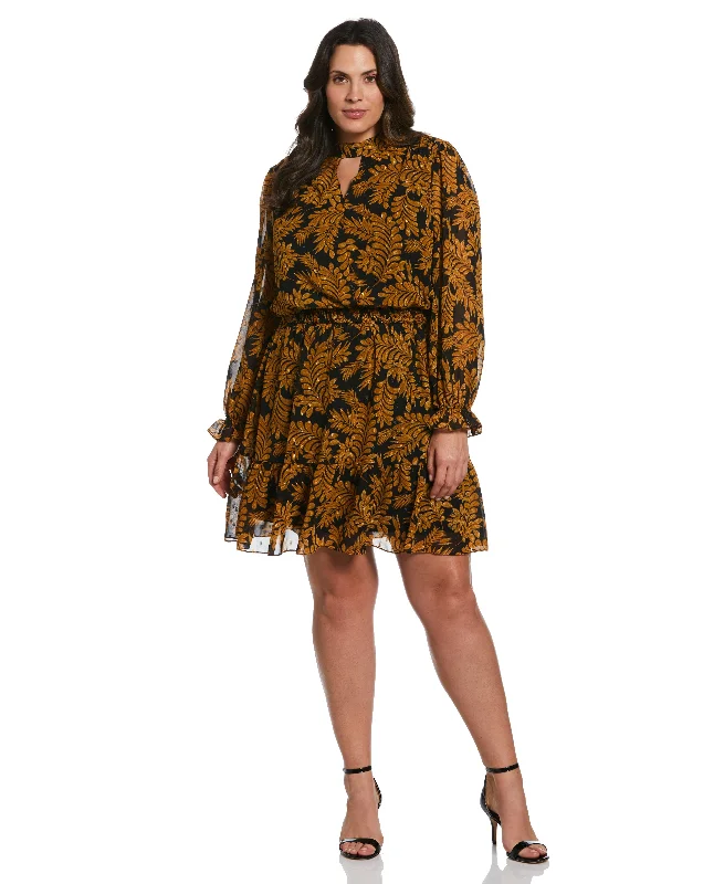 Plus Size Metallic Leaves Print Dress