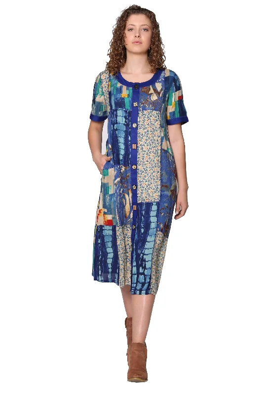 Novelty Button Patchwork Rayon Print Dress