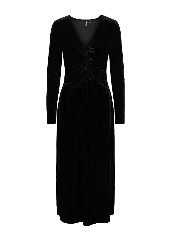 Pieces Natalie Ruched Velvet Maxi Dress, Black