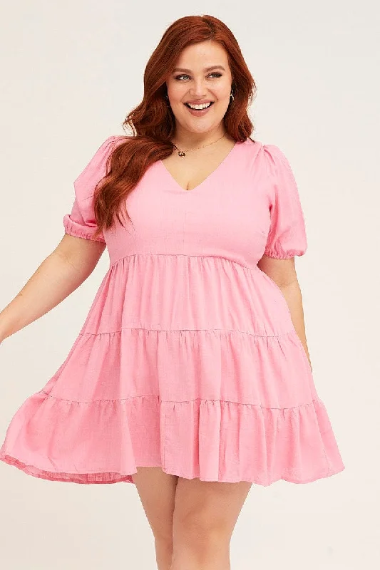 Pink V-neck Puff Sleeve Tiered Mini Dress