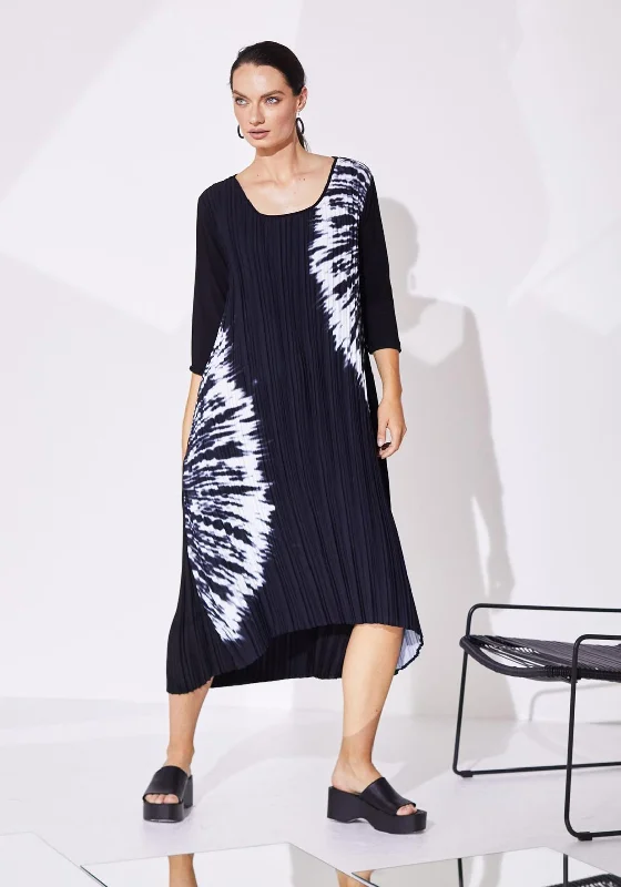 Naya Placement Print Pleated Midi Dress, Black & White