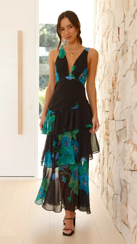 Sachiko Maxi Dress - Black / Green / Blue Floral