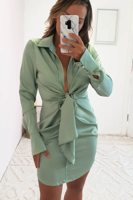 Shona Satin Mini Shirt Dress | Sage Green