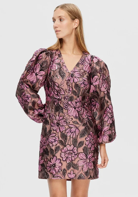 Selected Femme Paula Floral Embossed Mini Dress, Pink Lavender