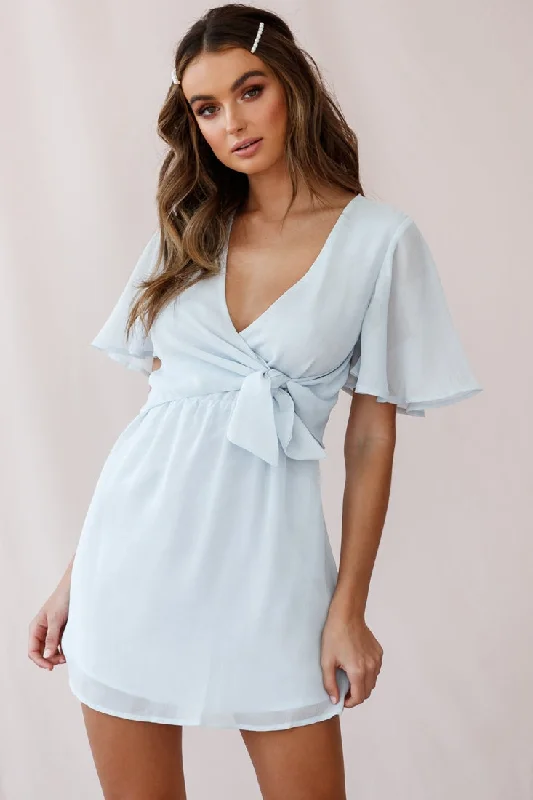 Stealing Hearts Flutter Sleeve Wrap Front Dress Blue