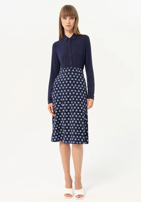 Surkana Flared Print Midi Skirt, Navy Blue