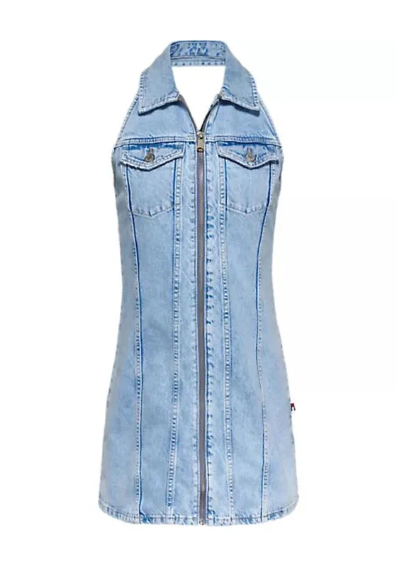 Tommy Jeans Zip Halter Neck Mini Dress, Light Denim