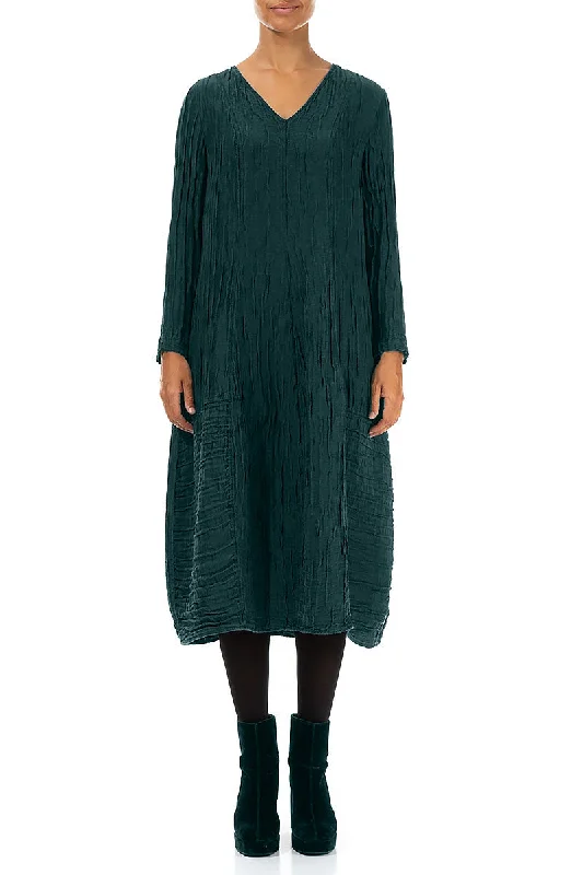 V-Neck Crinkled Emerald Silk Linen Dress