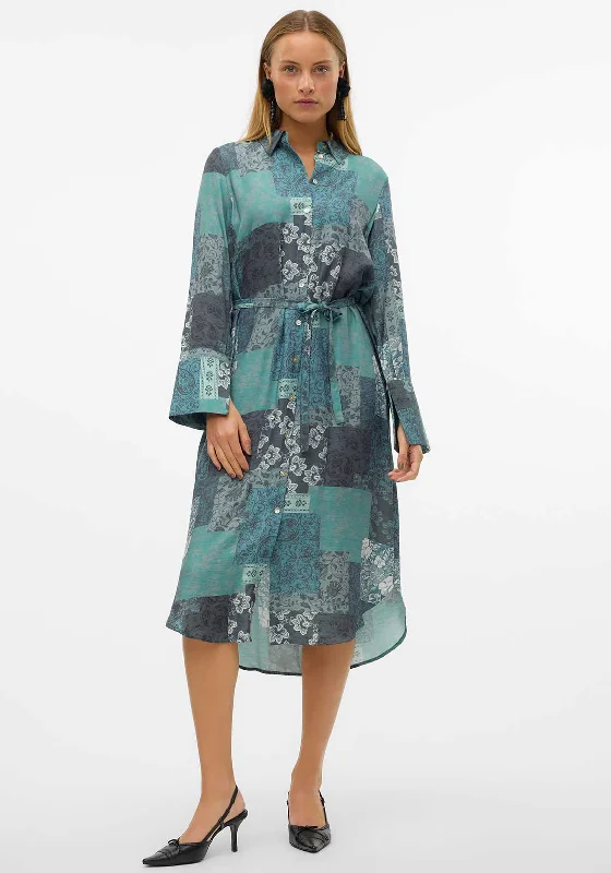 Vero Moda Natja Patchwork Shirt Midi Dress, Green