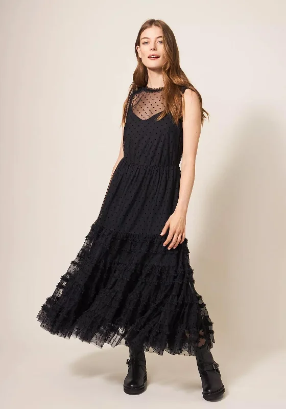 White Stuff Hiral Flock Spot Tulle Maxi Dress, Black