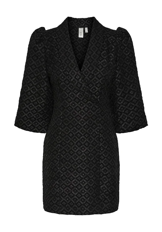 Y.A.S Cisca Jacquard Puff Sleeve Mini Dress, Black