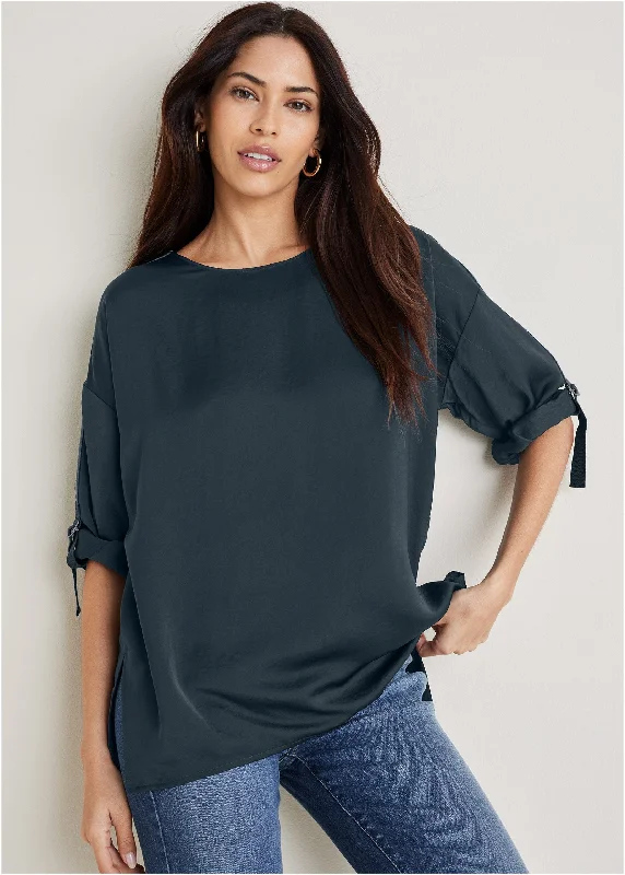 Roll Tab Sleeve Blouse - Navy