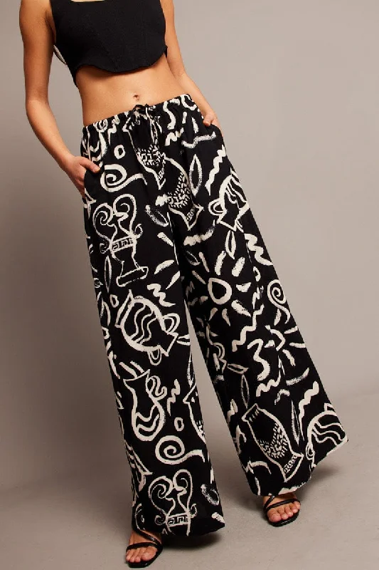 Black Abstract Wide Leg Pants High Rise